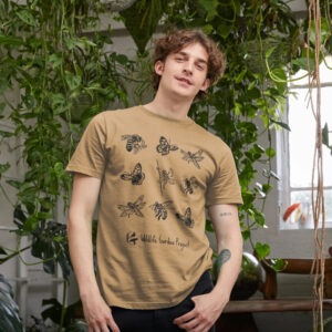 A man wearing a t-shirt with insects on