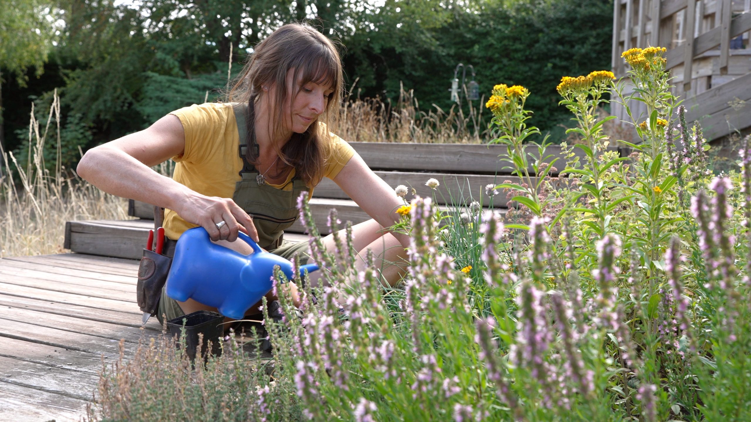 Ellie watering newly potted plants